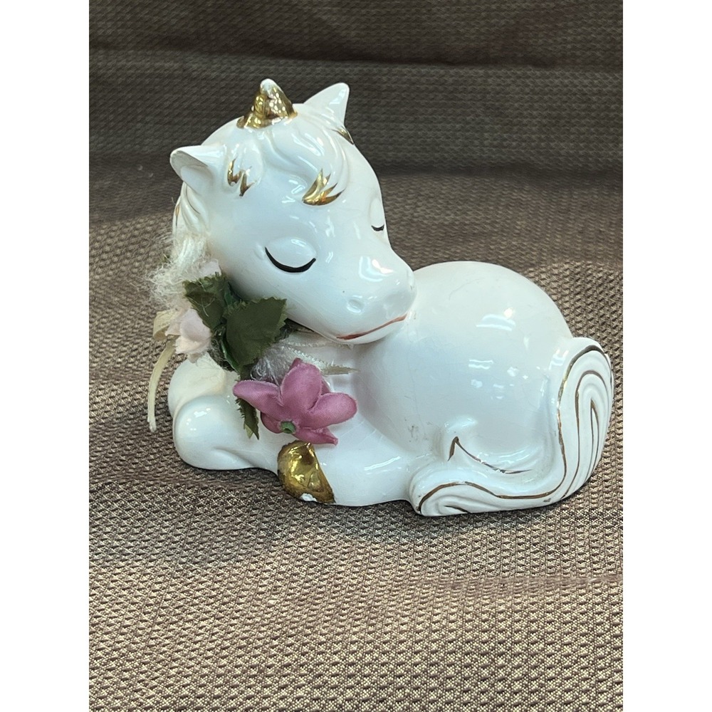 Vintage Loomco Hand Painted Ceramic Unicorn Figurine Floral Cute (1746)